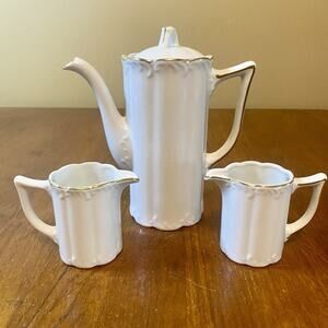 Vintage White And Gold Trim Coffee Hot Chocolate Pitcher 2 Creamers